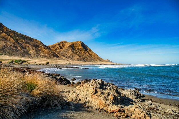 A acidentada costa leste de Wairarapa na praia de Tora