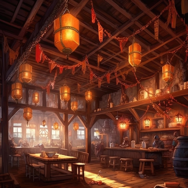 A aconchegante taverna medieval inspira as aventuras DD com o charme iluminado por lanternas Illustration Generative AI