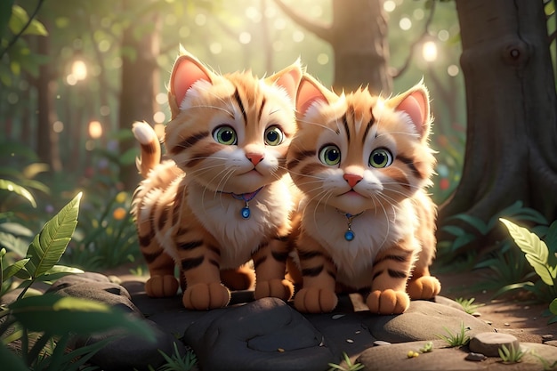 A adorável ilustração de gatinhos brincando na floresta