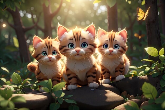 A adorável ilustração de gatinhos brincando na floresta