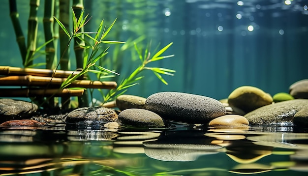 A água da cena tranquila reflete a pedra verde e o equilíbrio gerado pela IA