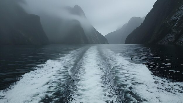 Foto a água escura de um fiorde é agitada em um frenesi pelo rastro de um barco que passa