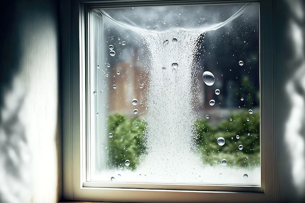 A água flui da torneira e transborda pequena sala com janela