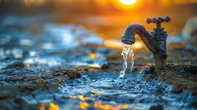 A água flui de uma torneira de ferro para a terra seca Conceito Seca Conservação da água Impacto ambiental Gestão de recursos