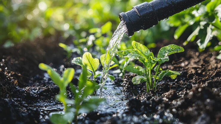 Foto a água gotejando do cano para as plantas verdes