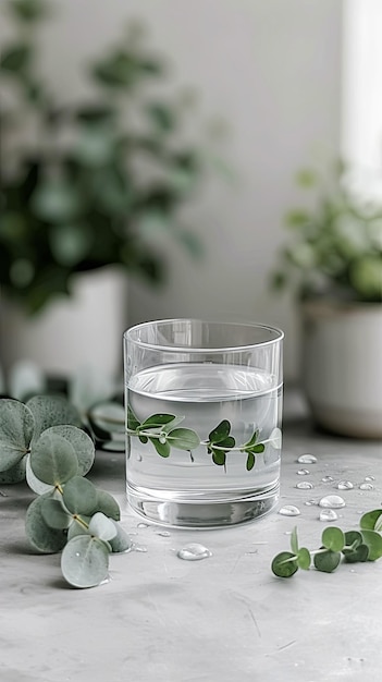 A água pura para beber brilha num copo, convidando a revigoração e a vitalidade