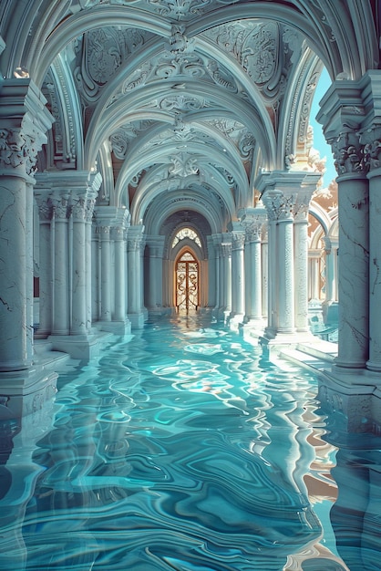 A água refletindo o interior de um antigo palácio