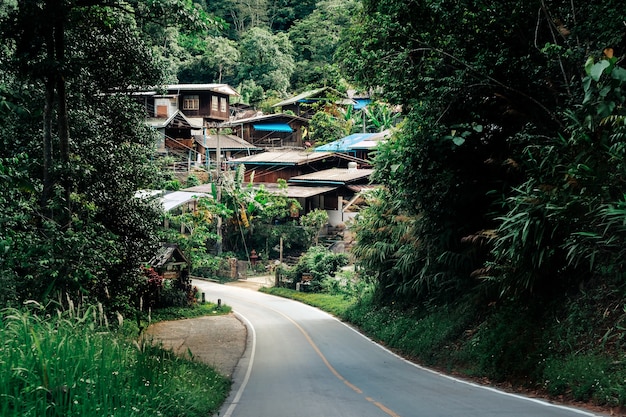 A aldeia de madeira na floresta com a luz da manhã