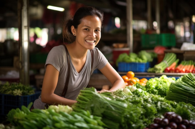 A alegre vendedora asiática apresenta sua coleção de produtos frescos que defendem a nutrição e o bem-estar por meio de suas ofertas vibrantes