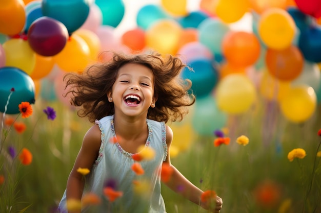 Foto a alegria e a emoção de uma menina alegre brincando com balões