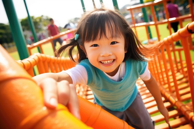 A alegria e a excitação das crianças brincando em um playground colorido com uma tomada de ângulo baixo IA gerativa