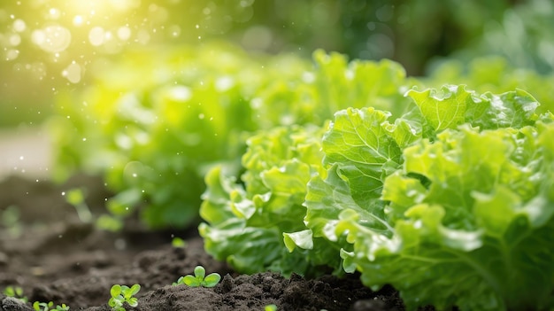 A alface orgânica verde exuberante cresce num jardim de legumes cultivado no chão para