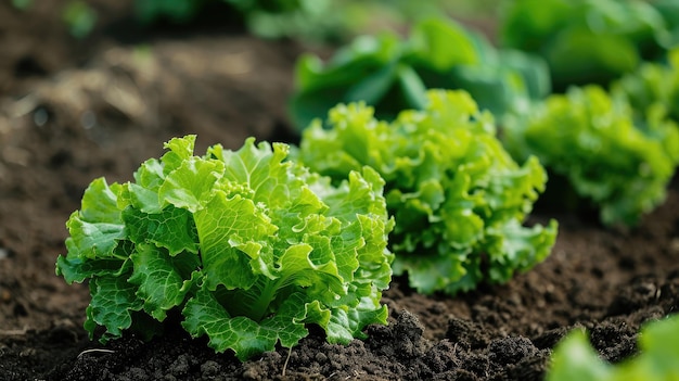 A alface orgânica verde exuberante cresce num jardim de legumes cultivado no chão para