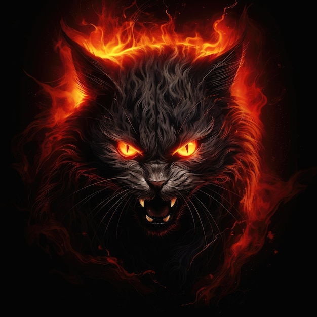 A Ameaça de Fogo Um retrato realista em 4K de um gato preto zumbi malvado