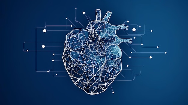 A anatomia do coração humano forma linhas e triângulos que conectam a rede no fundo azul Ilustração Generative Ai
