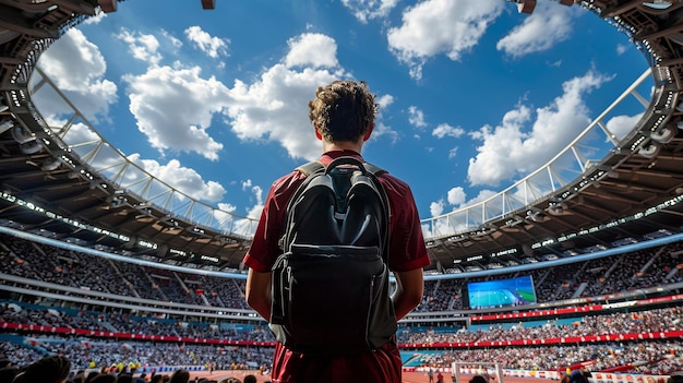 Foto a antecipação de um jovem atleta é capturada enquanto ele olha para o campo de futebol em um vasto estádio