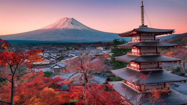 A antiga aldeia de Oshino Hakkai com o Monte Fuji na estação de outono no Japão
