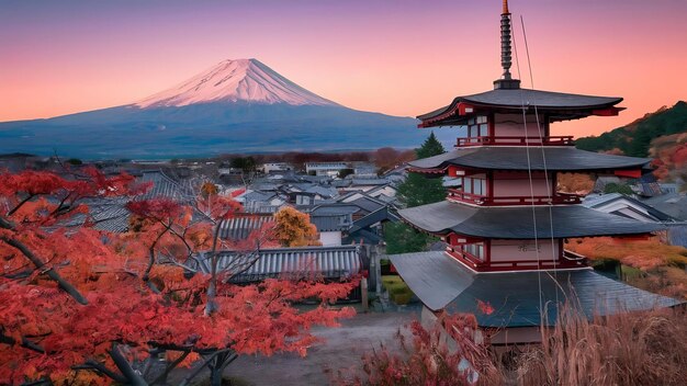 A antiga aldeia de Oshino Hakkai com o Monte Fuji na estação de outono no Japão