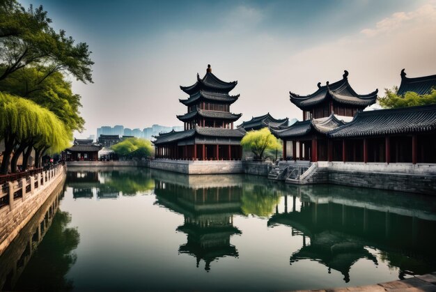 A antiga arquitetura à beira do lago em Wuxi, na China, oferece um vislumbre da rica cultura da região.