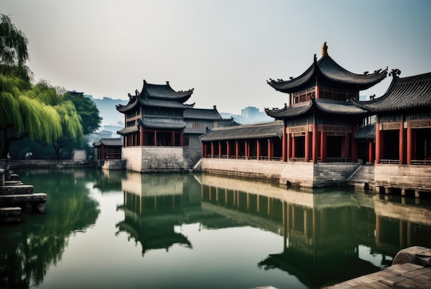 A antiga arquitetura à beira do lago em Wuxi, na China, oferece um vislumbre da rica cultura da região.