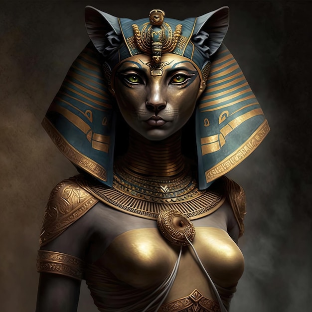 A antiga deusa egípcia Bastet, a antiga mulher-gato egípcia com jóias de ouro.