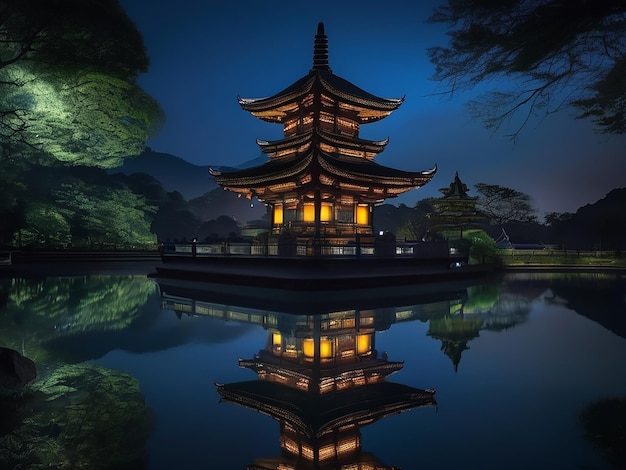 A antiga pagoda reflete-se na água escura iluminando a beleza da noite.