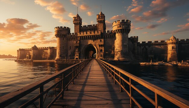 Foto a antiga ponte reflete o majestoso pôr-do-sol iluminando o famoso horizonte da cidade gerado pela ia