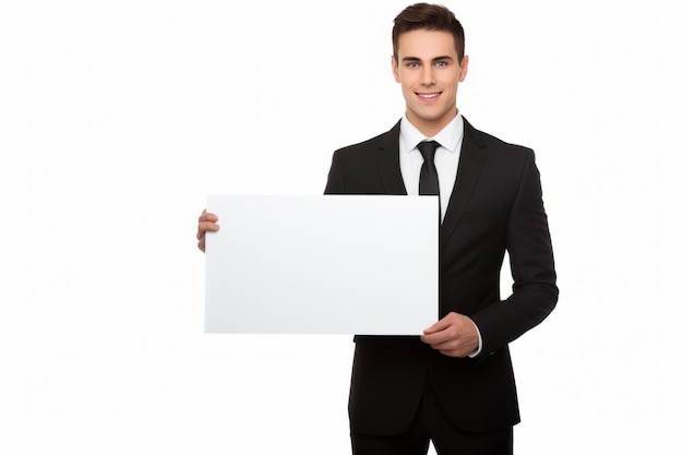 A apresentação poderosa Homem de negócios confiante segurando um quadro em branco isolado em um fundo branco