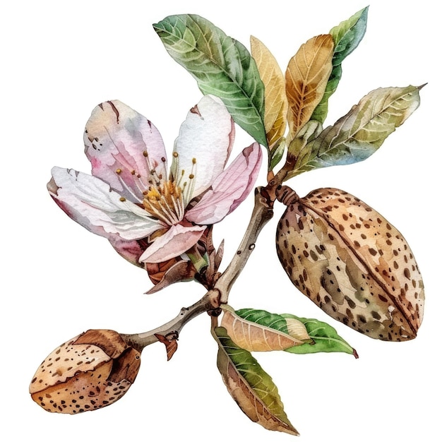 A aquarela captura a beleza delicada das flores de amêndoa emparelhadas com nozes maduras