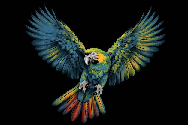 A arara tropical voa pelo ar Um pássaro de estimação colorido com as asas estendidas contra um