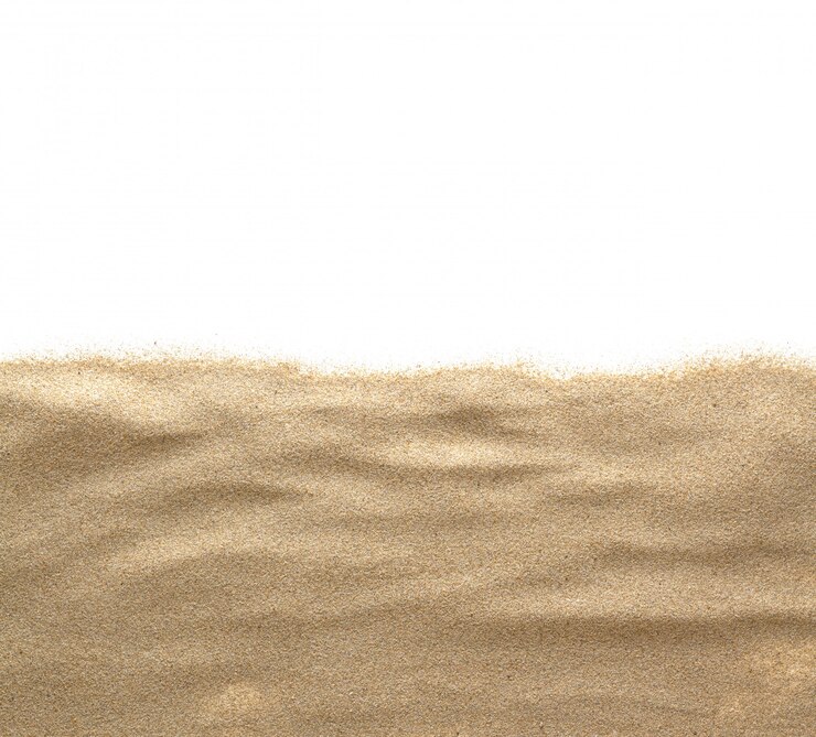 A areia isolada no branco isolado Vista superior da configuração plana. Copie o fundo do espaço