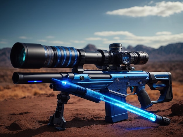 A arma de ponta do Exército Futurista Um rifle de energia azul brilhante com uma baioneta retrátil