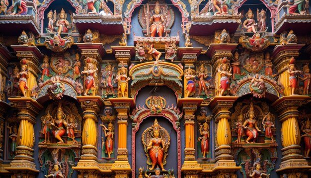 Foto a arquitetura detalhada de um templo adornado com decorações festivas para ram navami