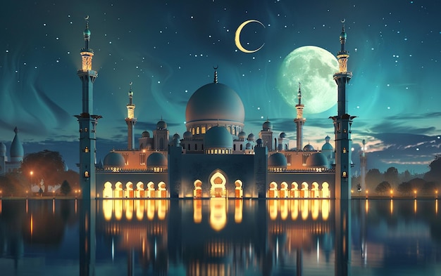 A arquitetura do edifício da mesquita à noite com a lua