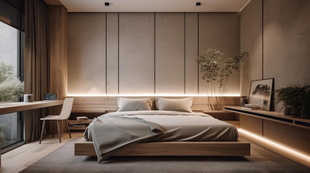 A arquitetura interior do quarto apresenta um estilo minimalista