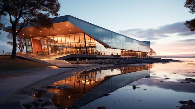 A arquitetura moderna reflete no grande exterior do edifício de aço