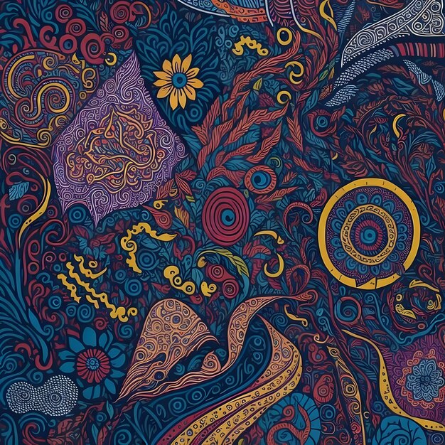 A arte abstrata de rabiscos em uma multidão de formas, padrões, texturas, cores e detalhes intrincados.