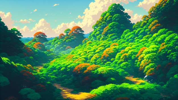 A arte da paisagem é a pintura de uma floresta com um caminho e árvores.