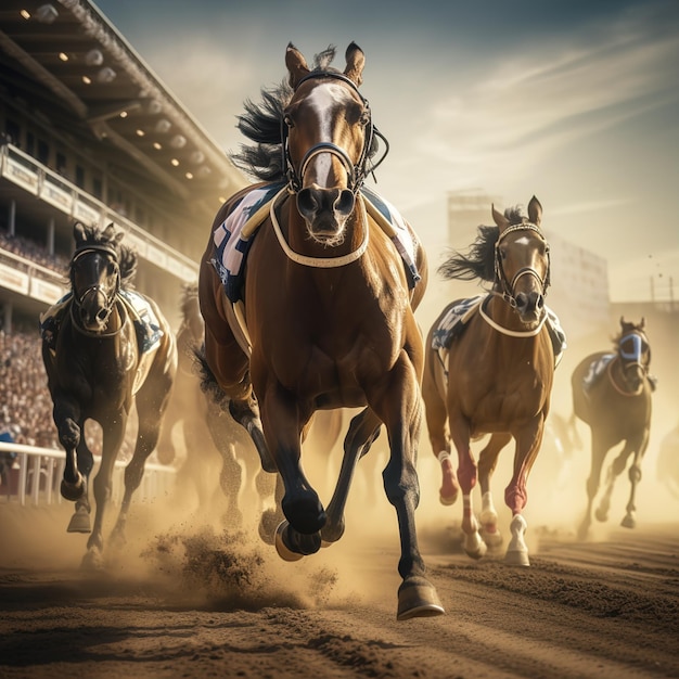 A arte de uma corrida de cavalos atravessando o campo e a cidade