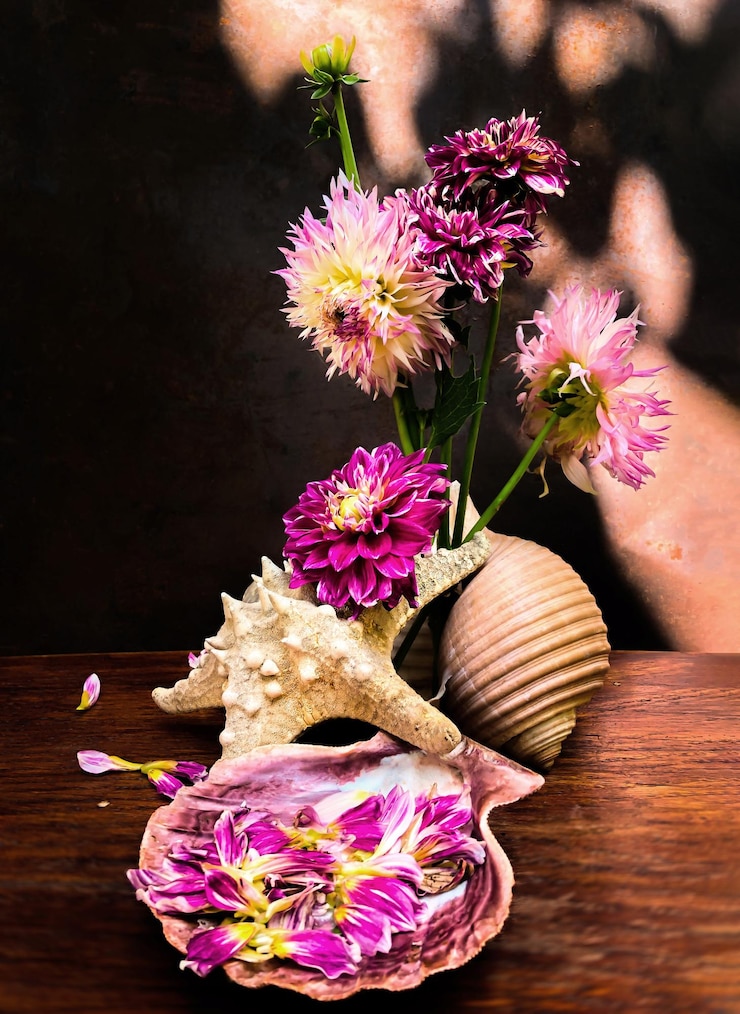 Foto a arte do arranjo de flores buquê romântico com pétalas de dália xadahlias em uma concha do mar e uma estrela do mar em uma mesa de madeira em um antigo fundo enferrujado nos raios de sol