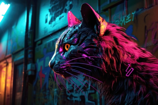 A arte do graffiti de néon fecha o gato cyberpunk gerado pela IA