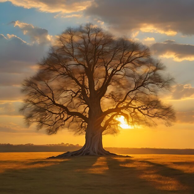 Foto a árvore curvada a tomar o sol nos raios dourados do sol a pôr, gerada pela ia.