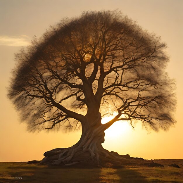 Foto a árvore curvada a tomar o sol nos raios dourados do sol a pôr, gerada pela ia.