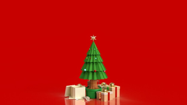 A árvore de Natal e a caixa de presentes em fundo vermelho para renderização em 3d do conceito de férias