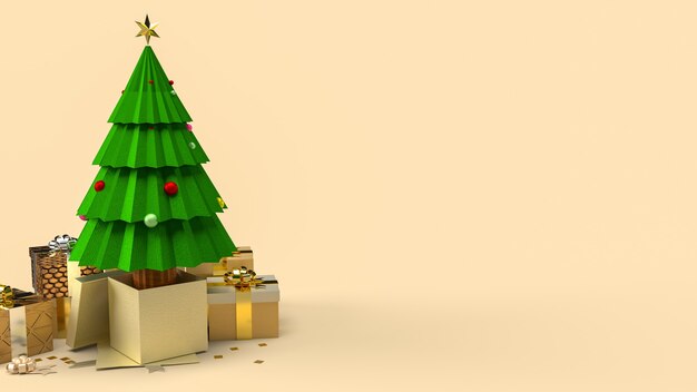 A árvore de Natal e caixa de presente para celebração ou conceito de férias renderização em 3D