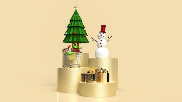 A árvore de natal e o boneco de neve no fundo dourado para férias ou conceito de negócios renderização em 3d