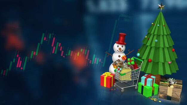 A árvore de Natal e o carrinho de compras no fundo do gráfico de negócios, renderização em 3d