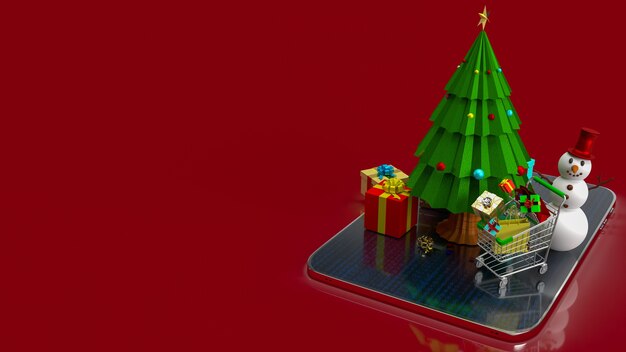 A árvore de Natal e o carrinho de compras no tablet para celebração ou conceito de férias renderização em 3D