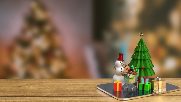 A árvore de Natal e o homem de neve no tablet para renderização em 3d do conceito de publicidade