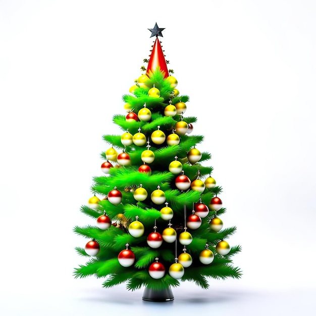 A árvore de Natal em um fundo branco é uma imagem volumosa e exuberante em cores realistas